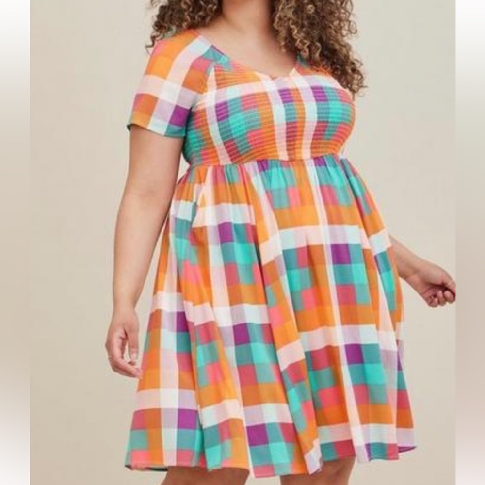 Torrid EUC Mini Challis Smocked Short Sleeve Skater Dress Plaid Women's Size 4x